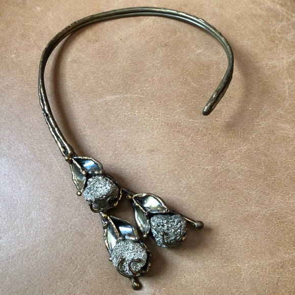 Vintage Jewelry - Brutalist pyrite and brass flower necklace vintage silver gold statement